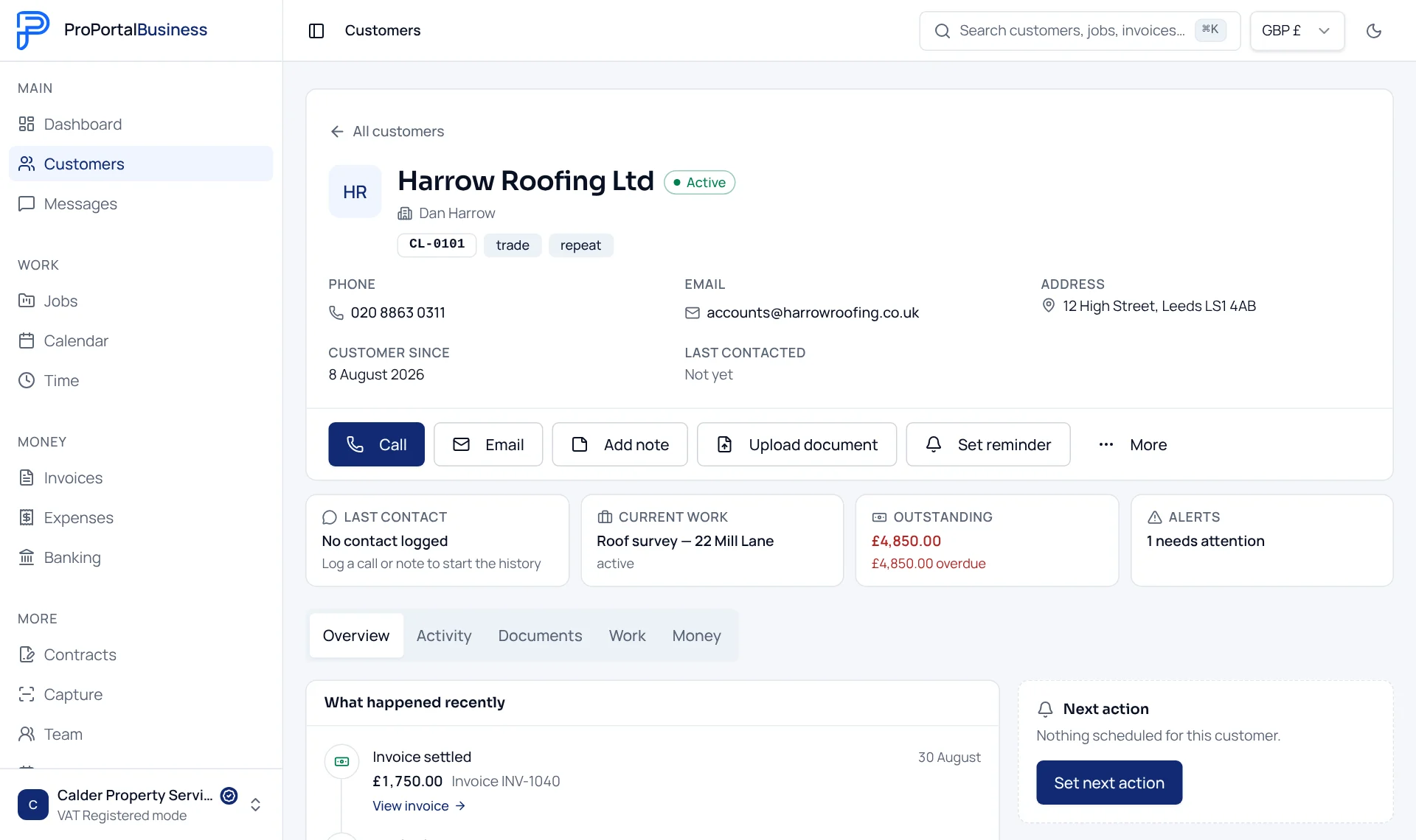 The Harrow Roofing Ltd customer record in ProPortalBusiness: contact details, what they owe, recent activity and next action.
